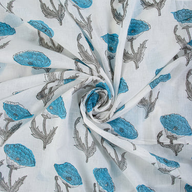 Sky Blue Floral Hand-Printed Textiles Fabric For Dress Material