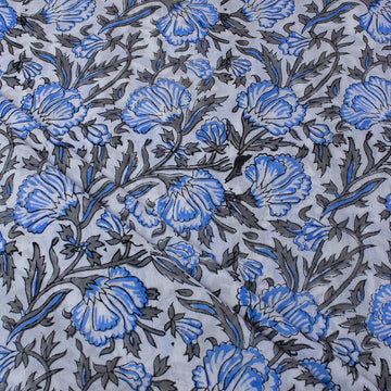 Sky Blue Hand Block Floral Printed Jaipur Cotton Material Fabric