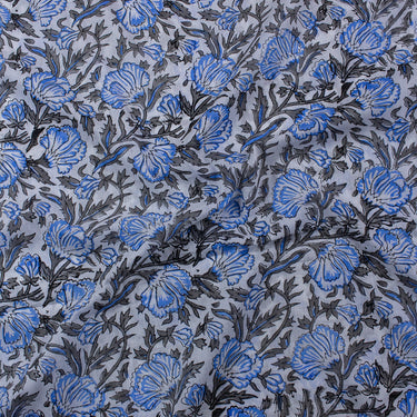 Sky Blue Hand Block Floral Printed Jaipur Cotton Material Fabric