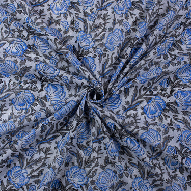 Sky Blue Hand Block Floral Printed Jaipur Cotton Material Fabric