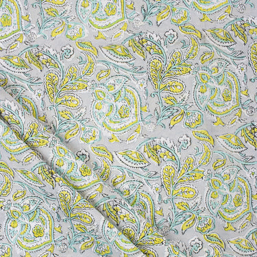 Yellow Floral Block Print Soft Cotton Fabric For Kurti Online