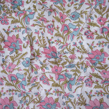 Hand Block Floral Printed Pure Cotton Fabric For Dress Material Online