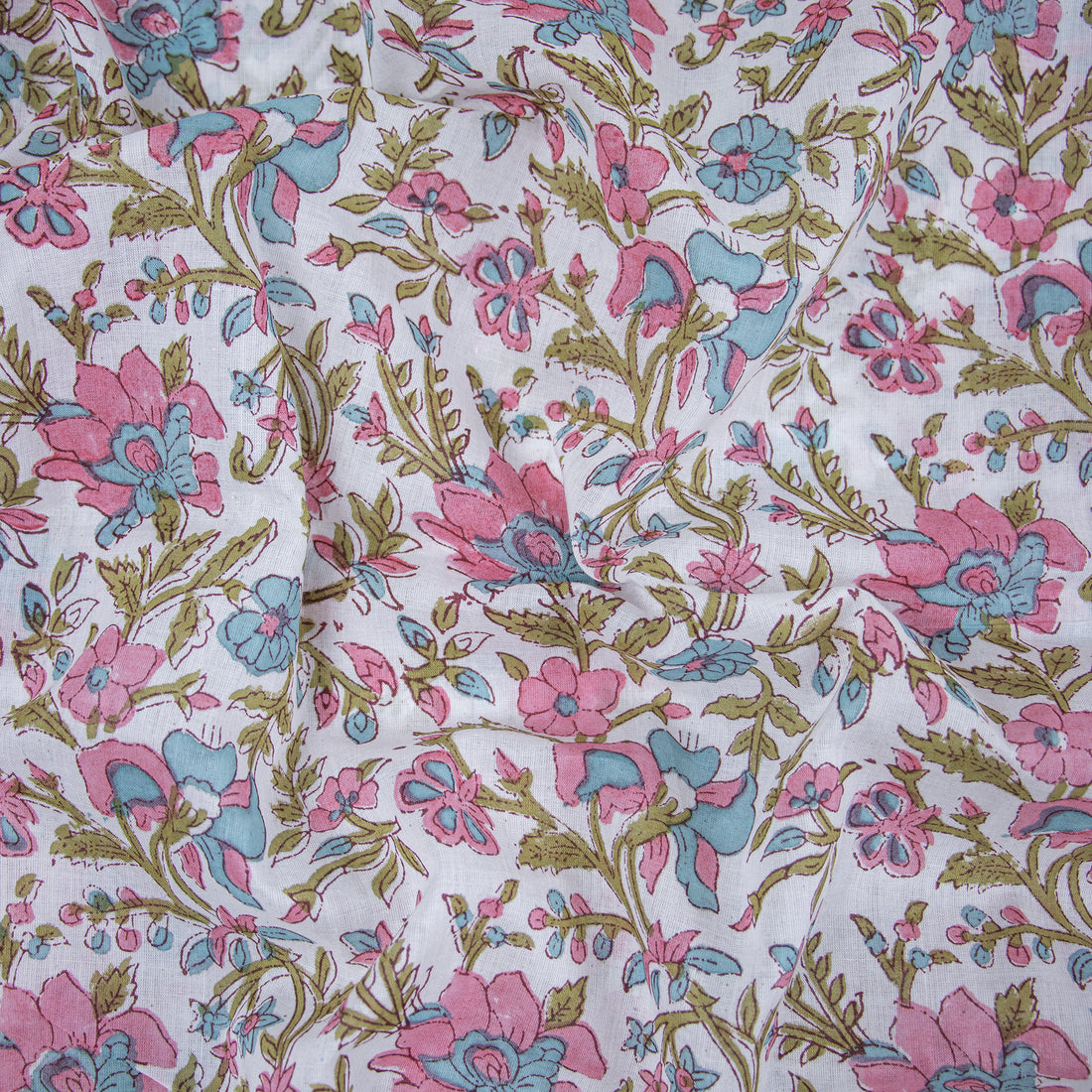 Hand Block Floral Printed Pure Cotton Fabric For Dress Material Online