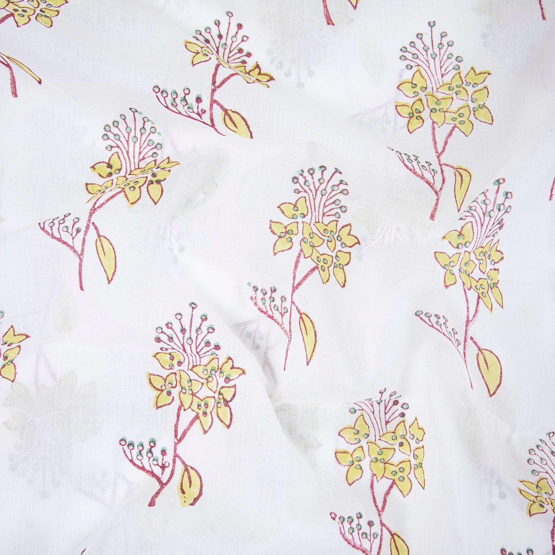 Yellow Floral Block Print Soft Cotton Fabric For Kurti Online