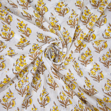 Cotton Silk Fabric Yellow Floral Block Printed Soft Online