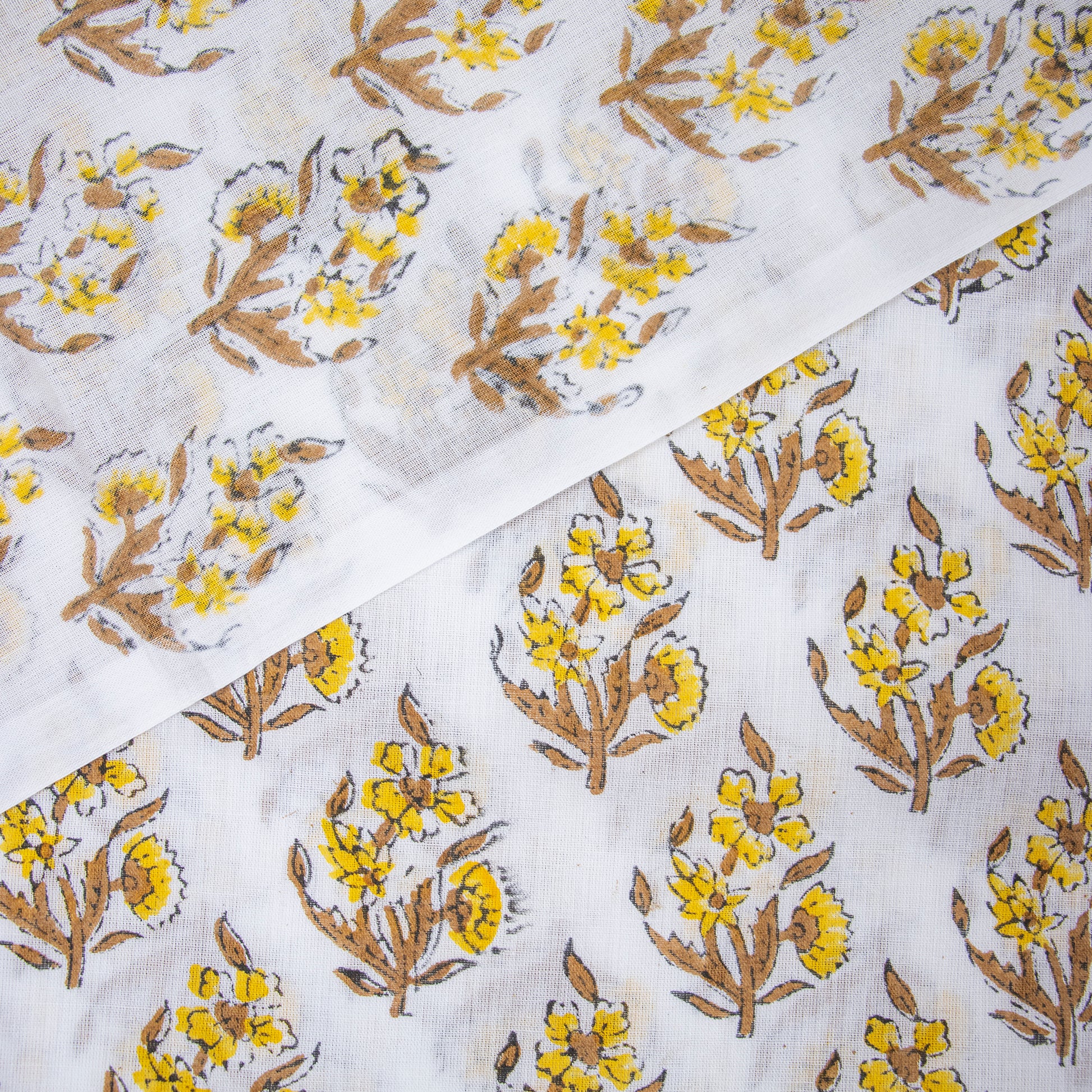 Cotton Silk Fabric Yellow Floral Block Printed Soft Online