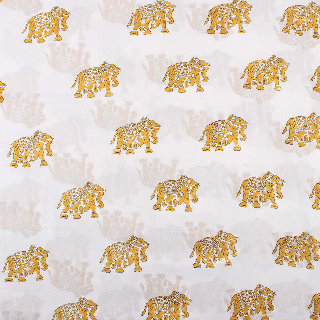 Hand Block Elephant Printed Cotton Running Fabric