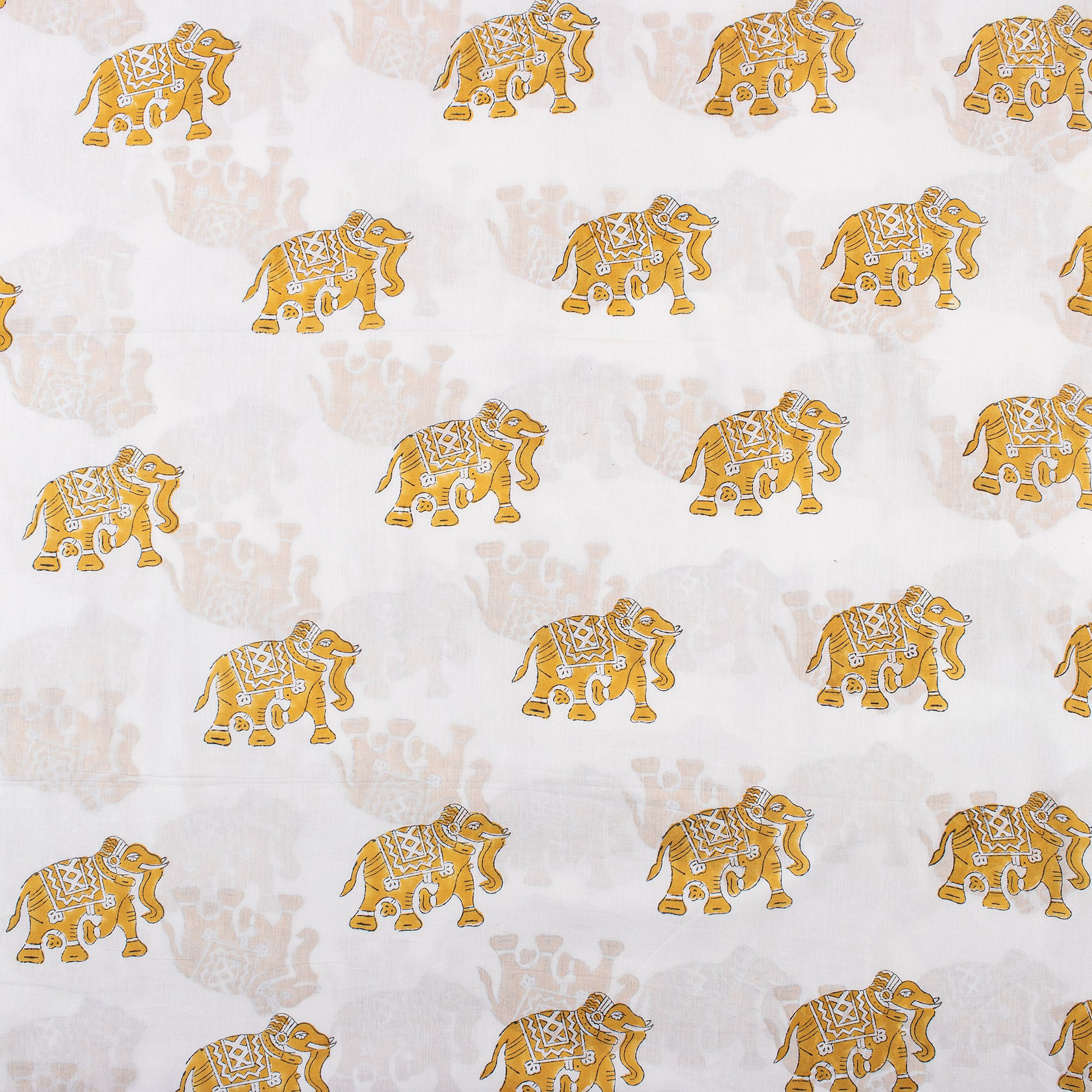 Hand Block Elephant Printed Cotton Running Fabric