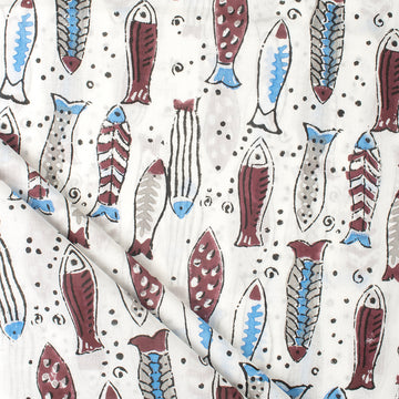 Premium Voile Cotton Block Fish Print Fabric