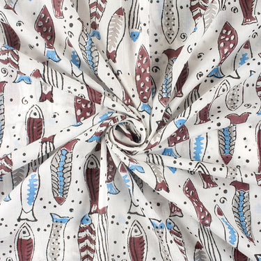 Premium Voile Cotton Hand Block Fish Print Fabric
