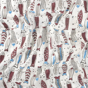Premium Voile Cotton Hand Block Fish Print Fabric