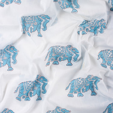 Sky Blue Elephant Printed Organic Cotton Fabric