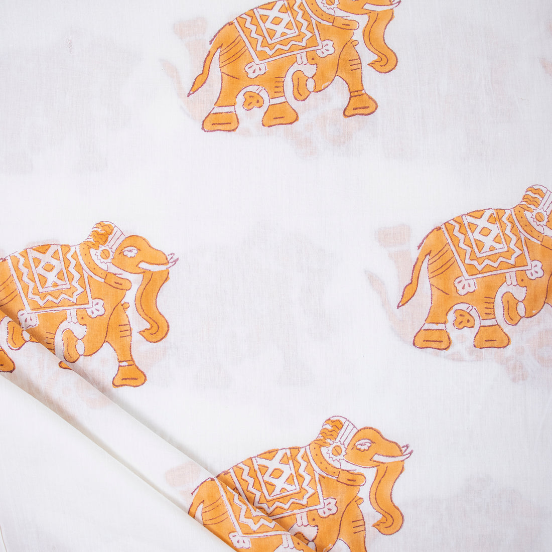Yellow Elephant Hand Printed Fabric for Dress Material Online