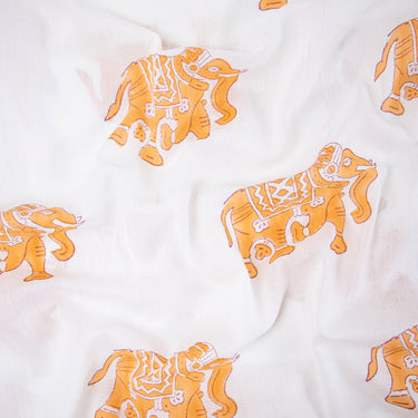 Yellow Elephant Hand Printed Fabric for Dress Material Online