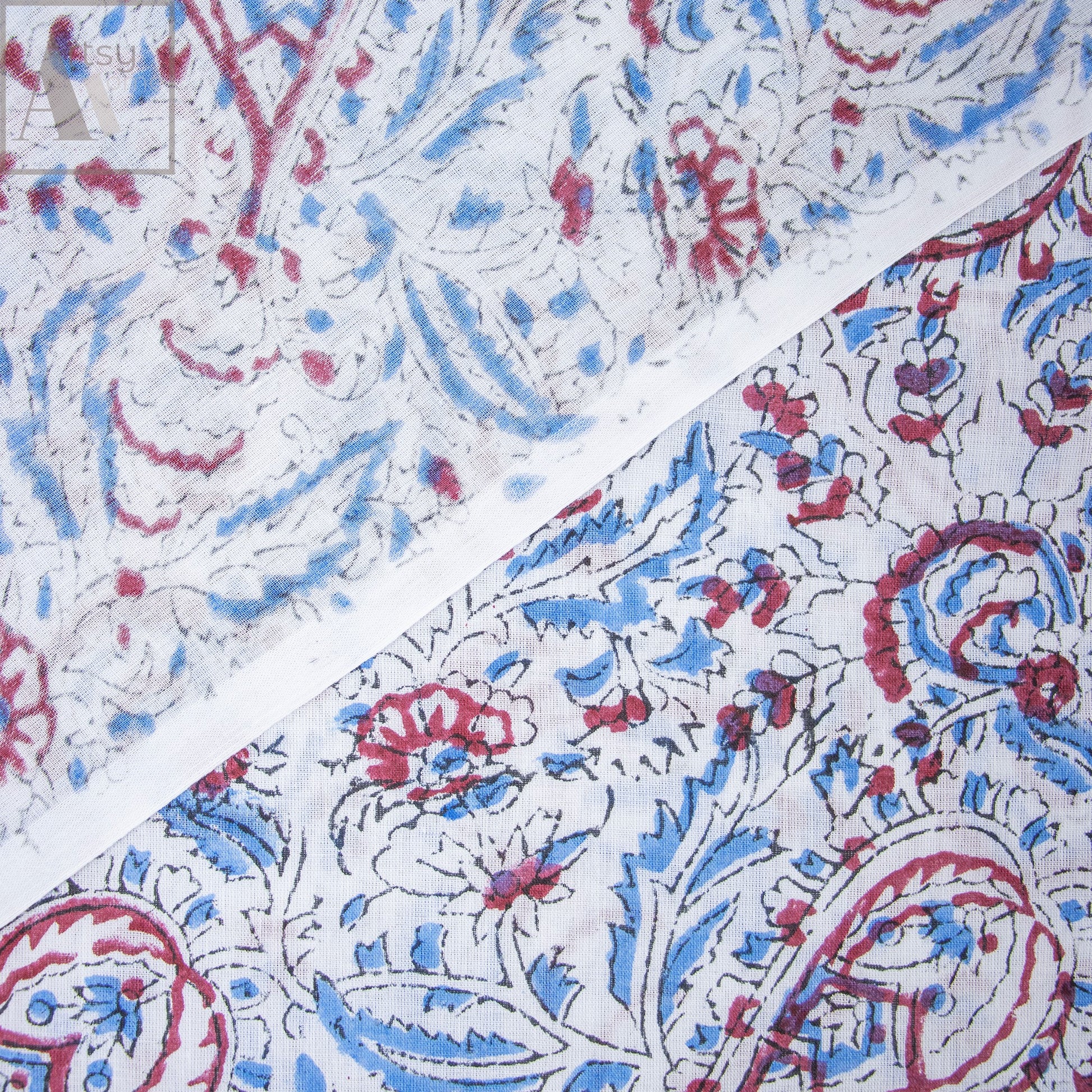 Blue Jaipuri Fabric Floral Block Printed For Dress Material