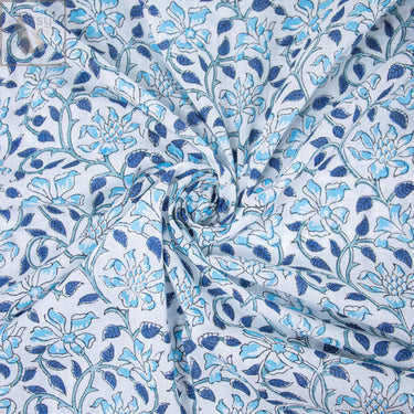 Blue Jaipuri Fabric Floral Block Printed For Dress Material