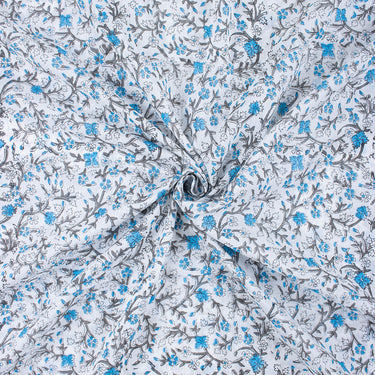 Hand Block Sky Blue Floral Organic Cotton Fabric Online