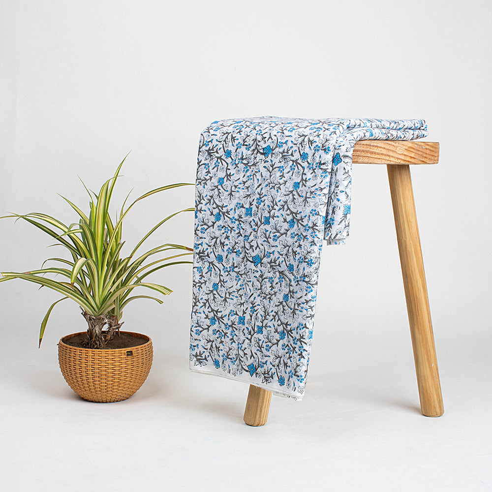 Hand Block Sky Blue Floral Organic Cotton Fabric Online