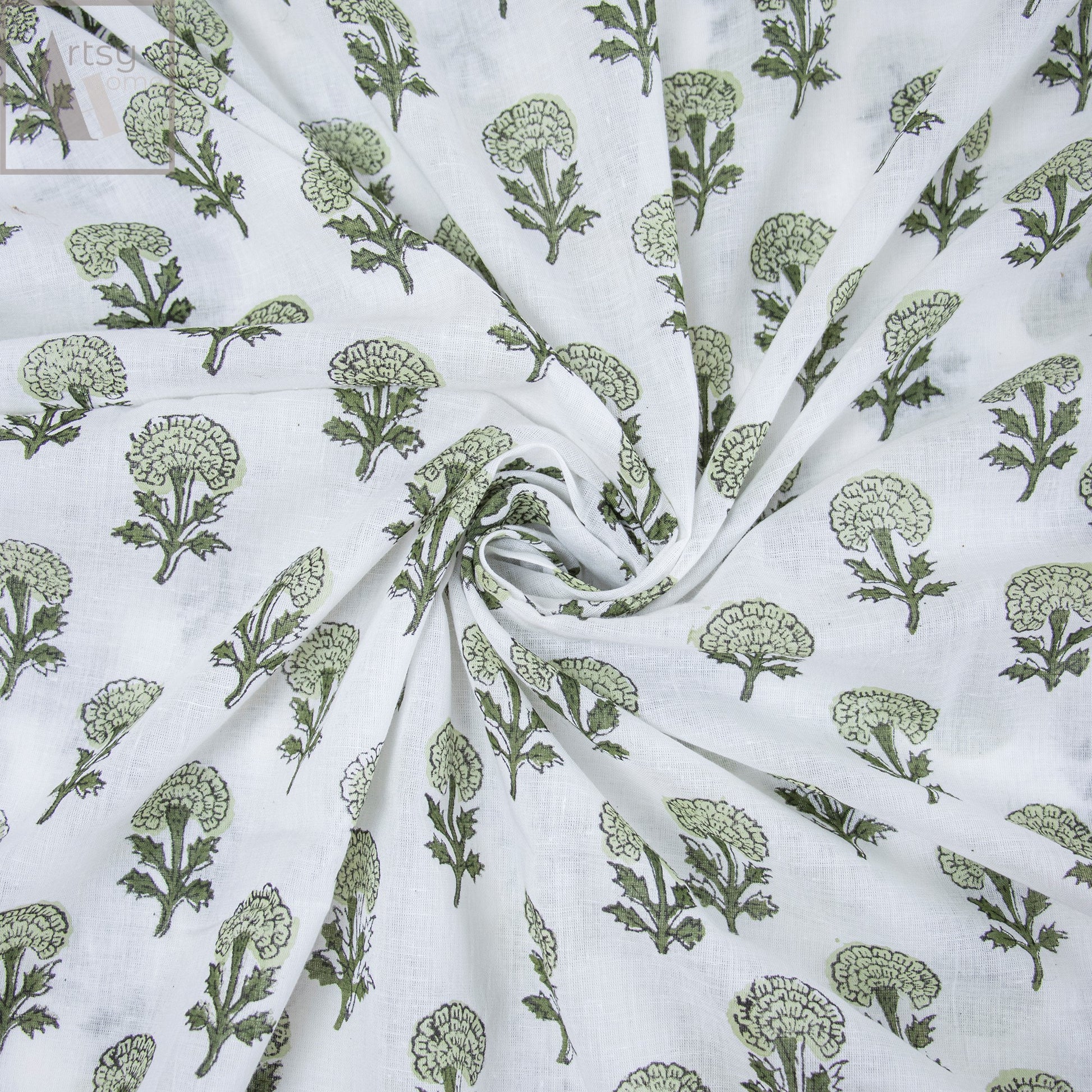 Green Floral Pure Cotton Fabric For Dress Material Online