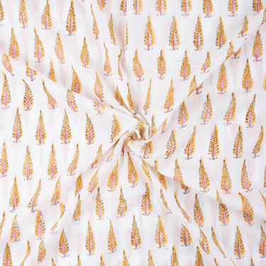 Sanganeri Block Yellow Leaf Printed Cotton Fabric Online