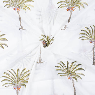 Sanganeri Green Date Palm Tree Hand Block Print Silk Fabric Online