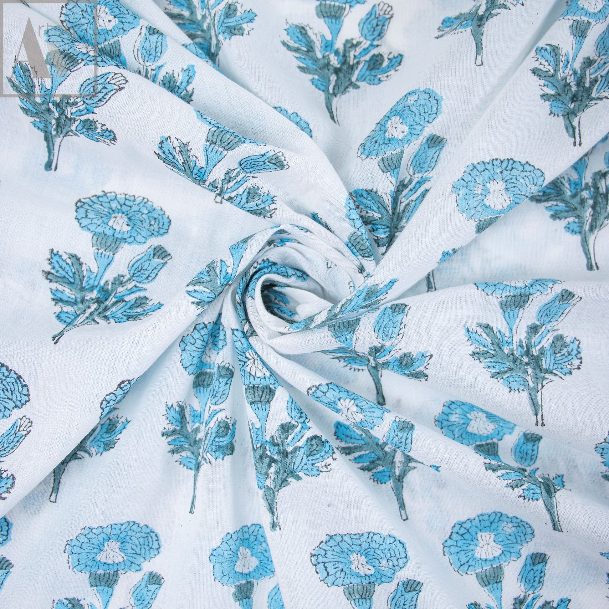 Sanganeri Sky Blue Floral Print Fabric Online