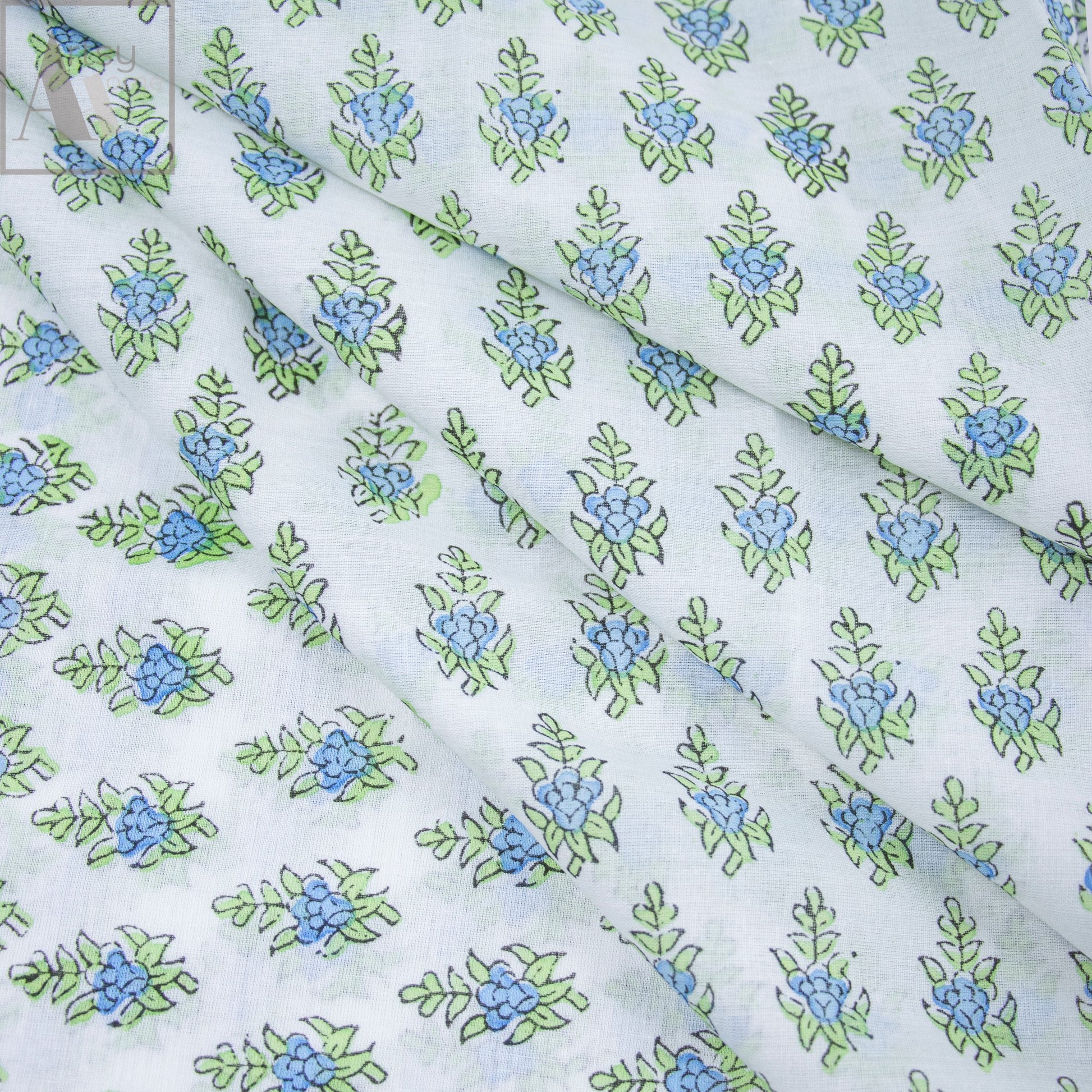 Jaipur Block Print Fabric Green Floral Sanganeri Hand Onine