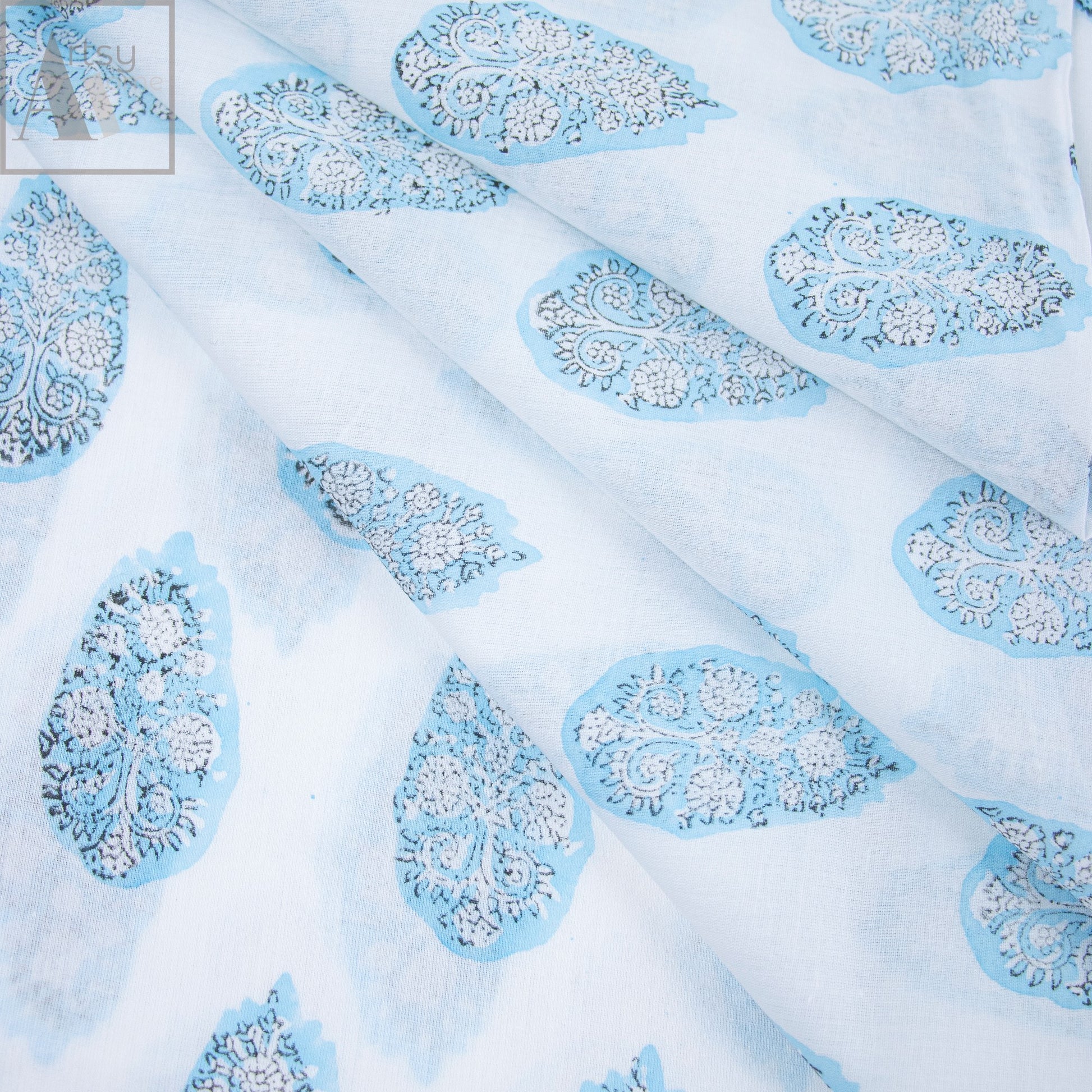 Sky Blue Hand Blocked Fabric Online