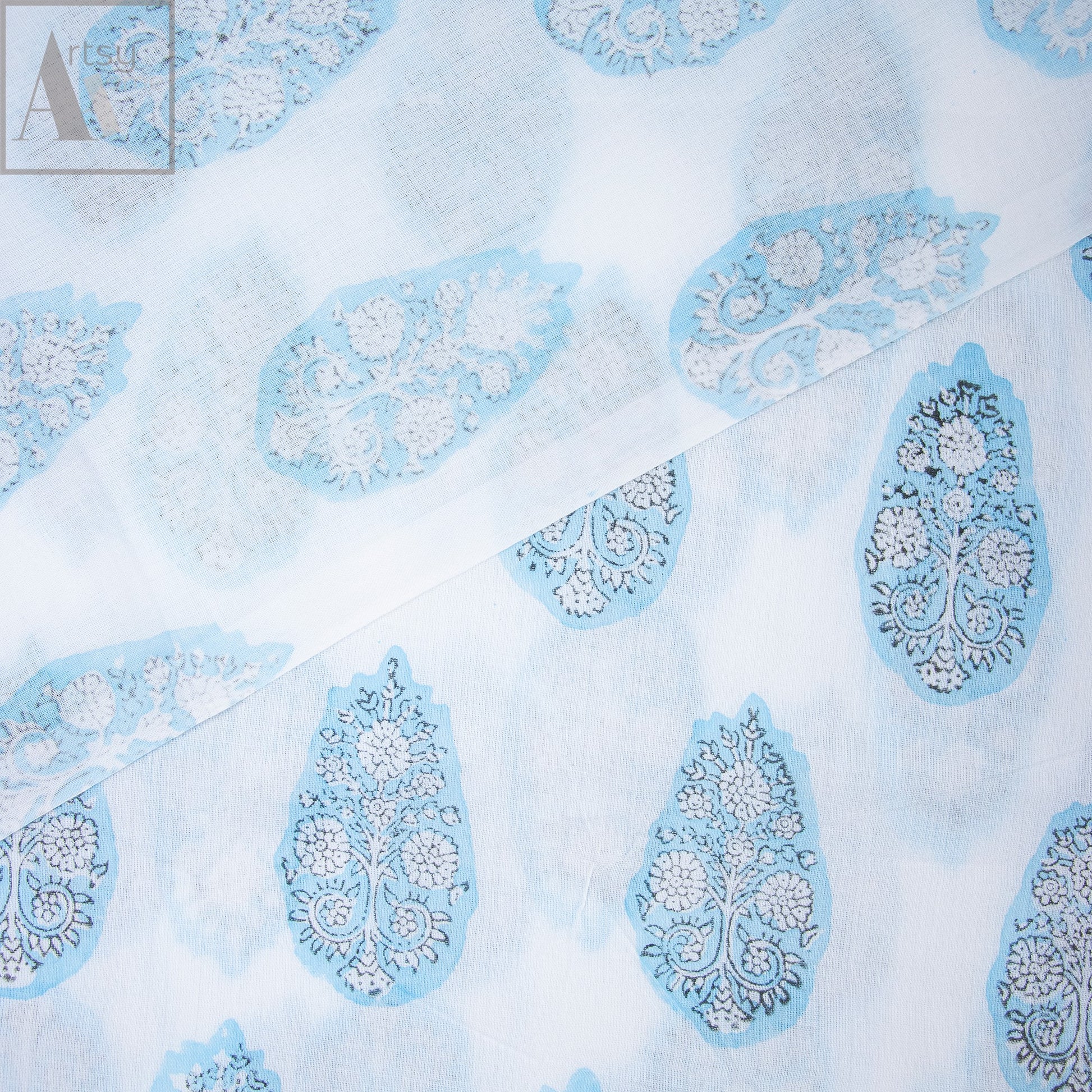 Sky Blue Hand Blocked Fabric Online