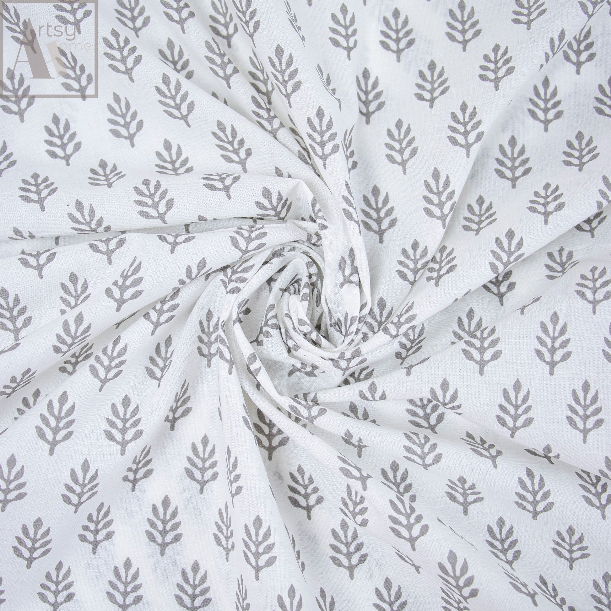 Hand Block Grey Leaf Jaipur Print Fabric Online