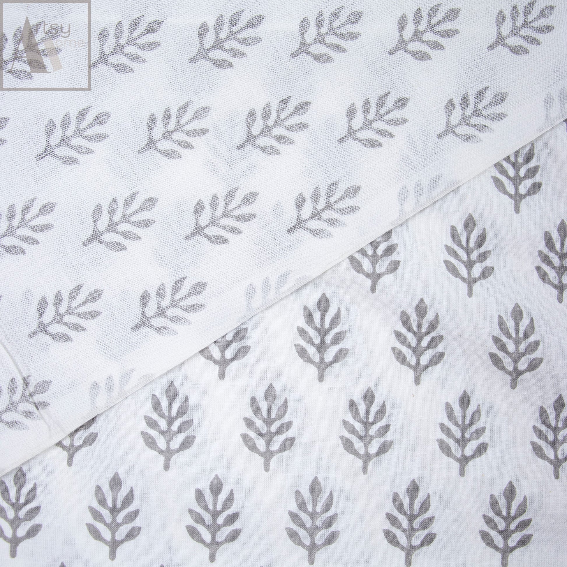 Hand Block Grey Leaf Jaipur Print Fabric Online