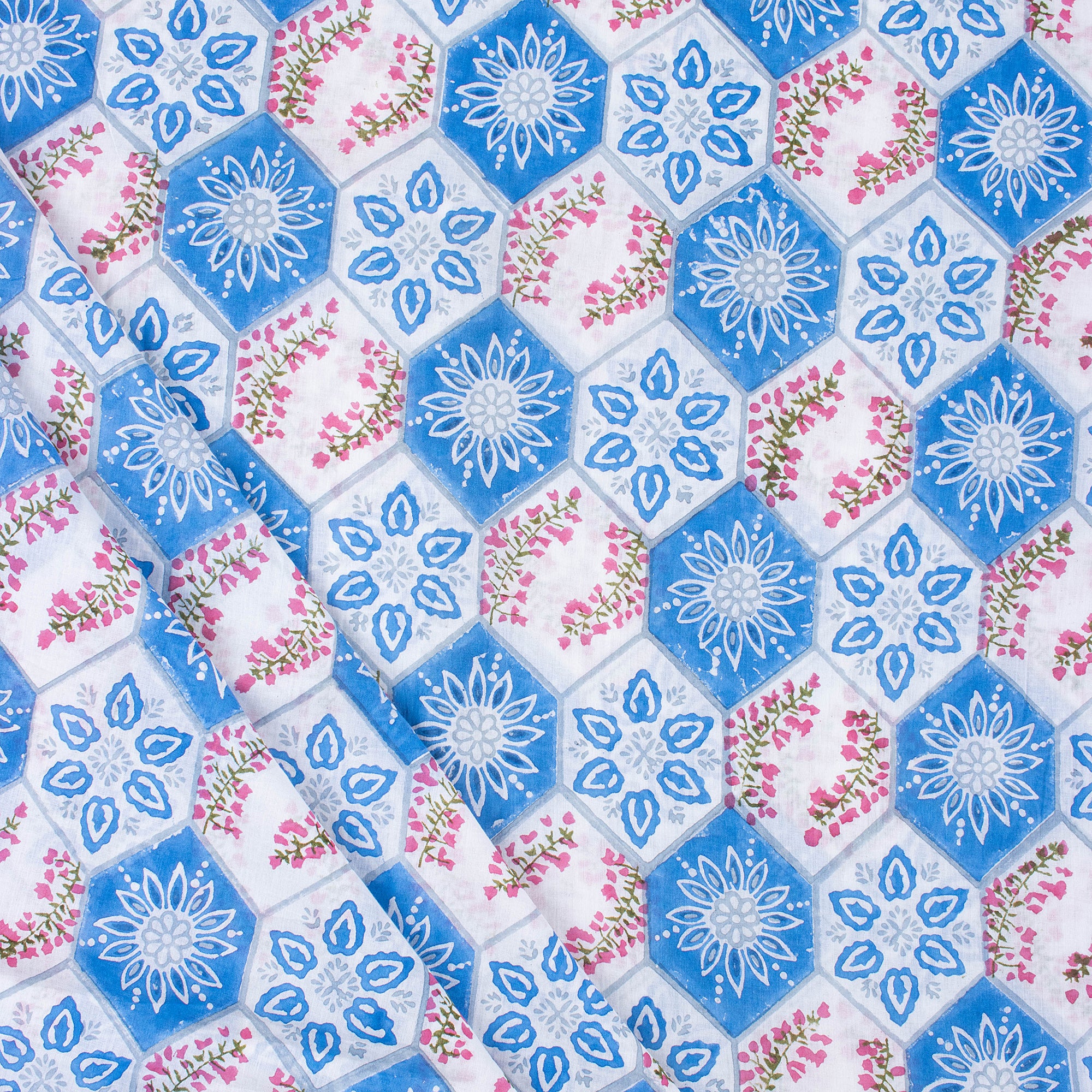 Hand Block Sky Blue Floral 100% Pure Cotton Fabric Online