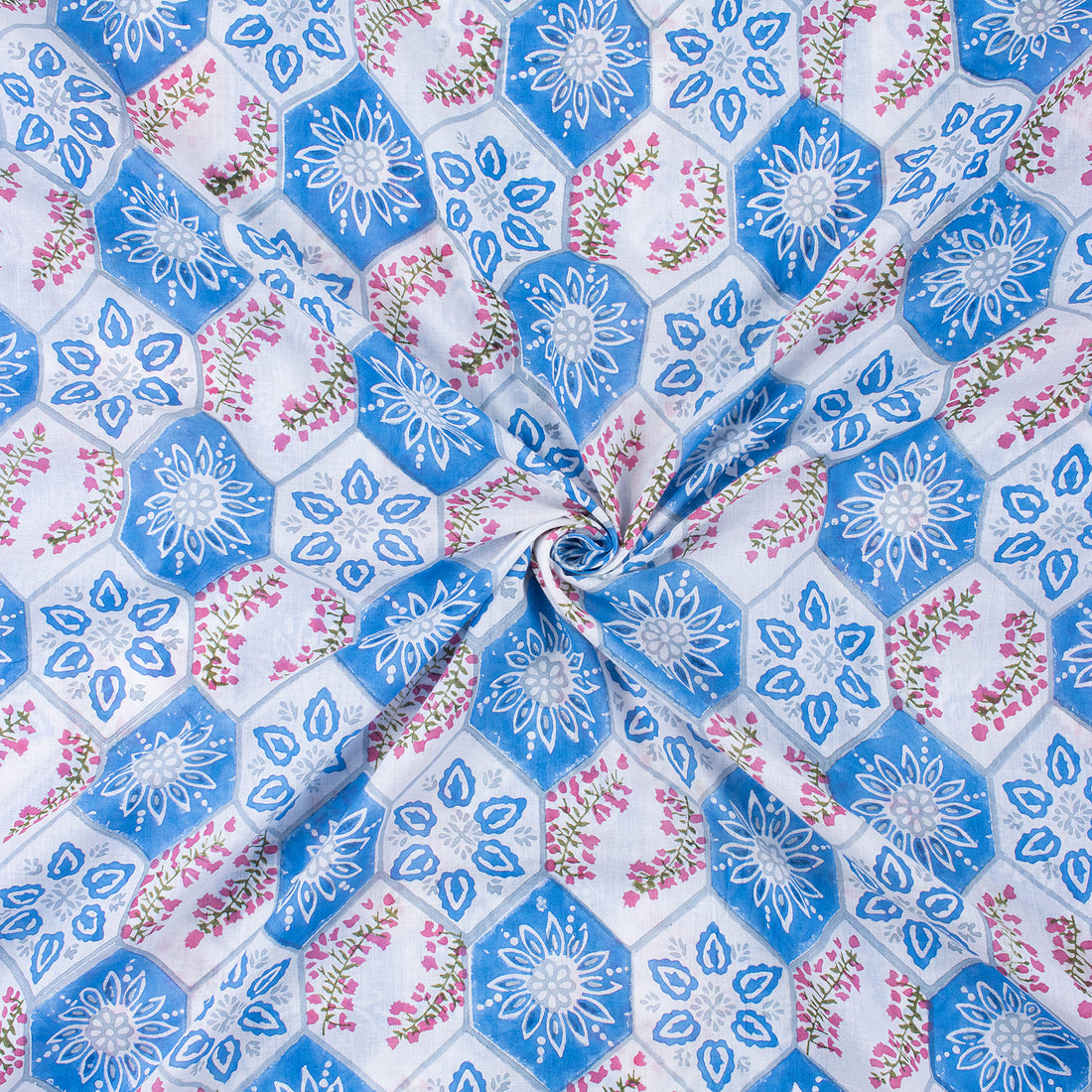 Hand Block Sky Blue Floral 100% Pure Cotton Fabric Online