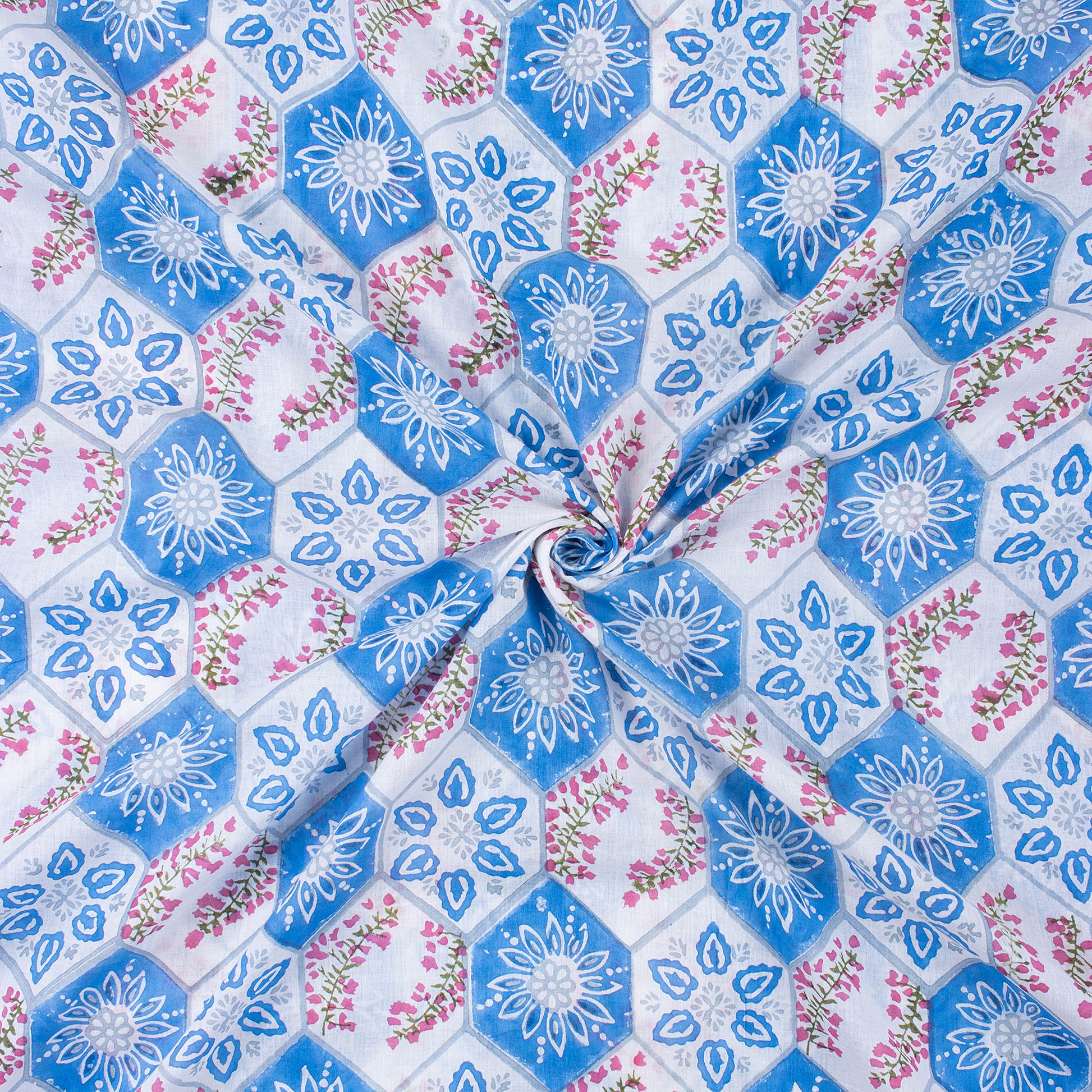 Hand Block Sky Blue Floral 100% Pure Cotton Fabric Online