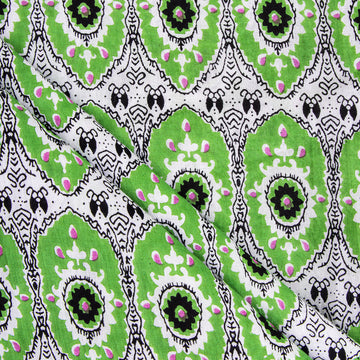 Cotton Block Print Fabric Peafowl Green Feather Material Online