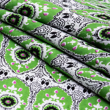 Cotton Block Print Fabric Peafowl Green Feather Material Online