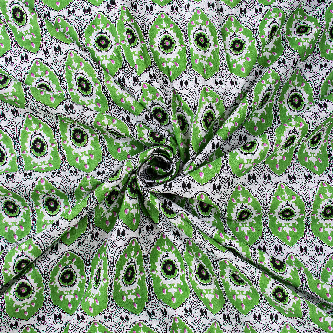 Cotton Block Print Fabric Peafowl Green Feather Material Online