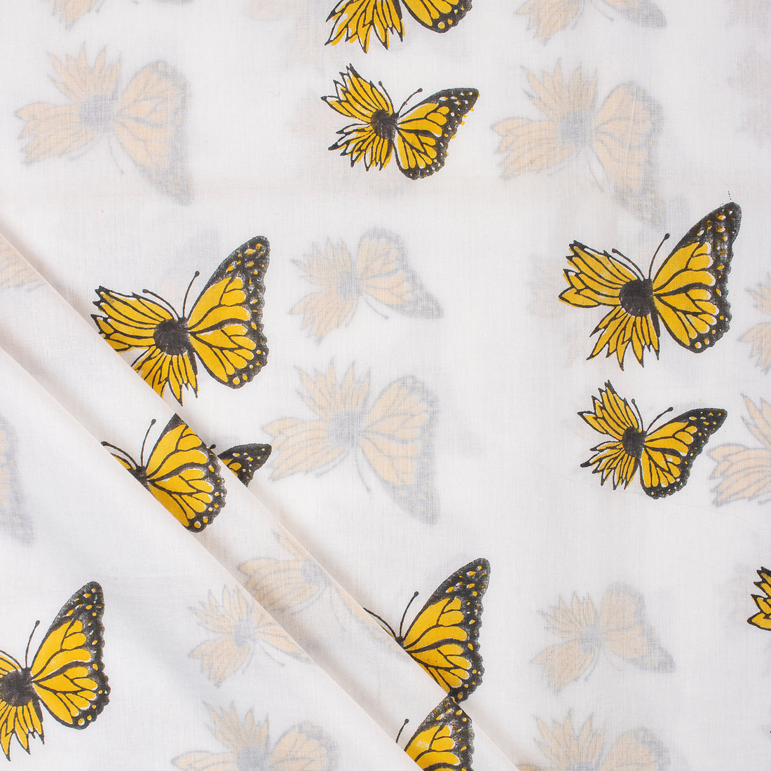 Yellow Butterfly Jaipuri Block Print Fabric