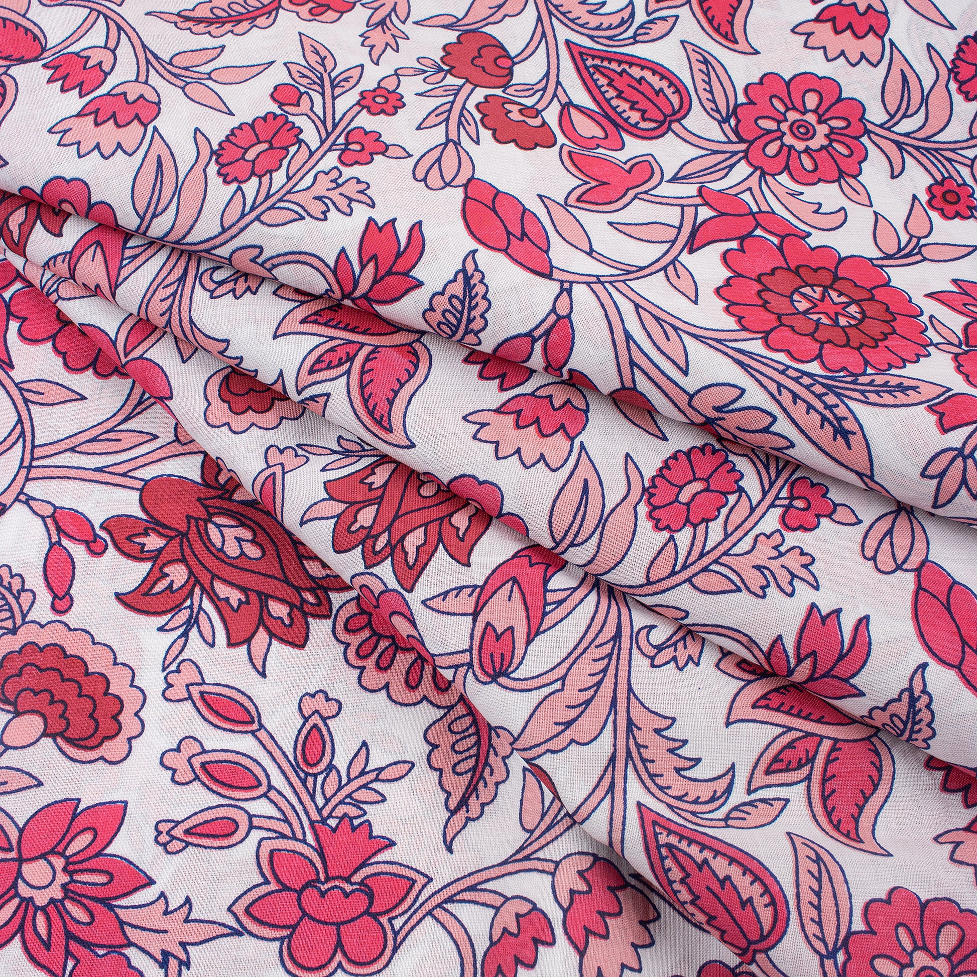 Red Floral Cotton Hand Printed Fabric