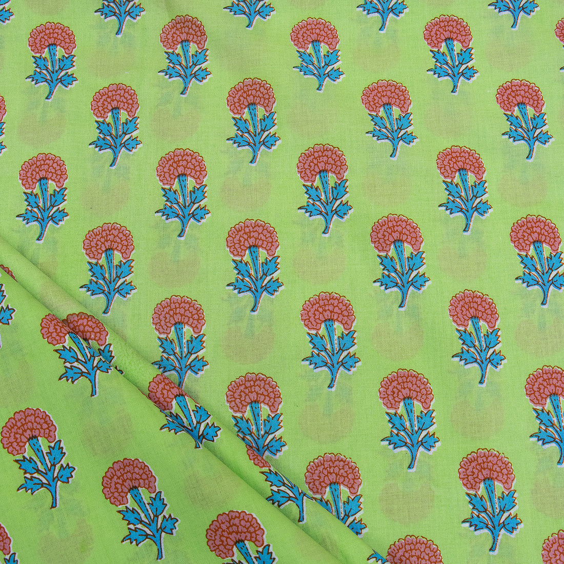 Soft Green Floral Hand Block Print Fabric Online
