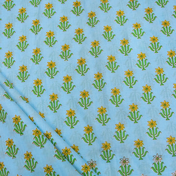 Sky Blue Floral Handmade Block Print Fabric Online