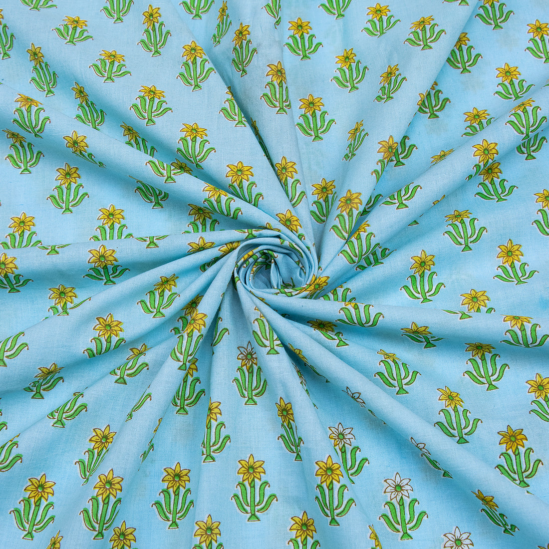 Sky Blue Floral Handmade Block Print Fabric Online