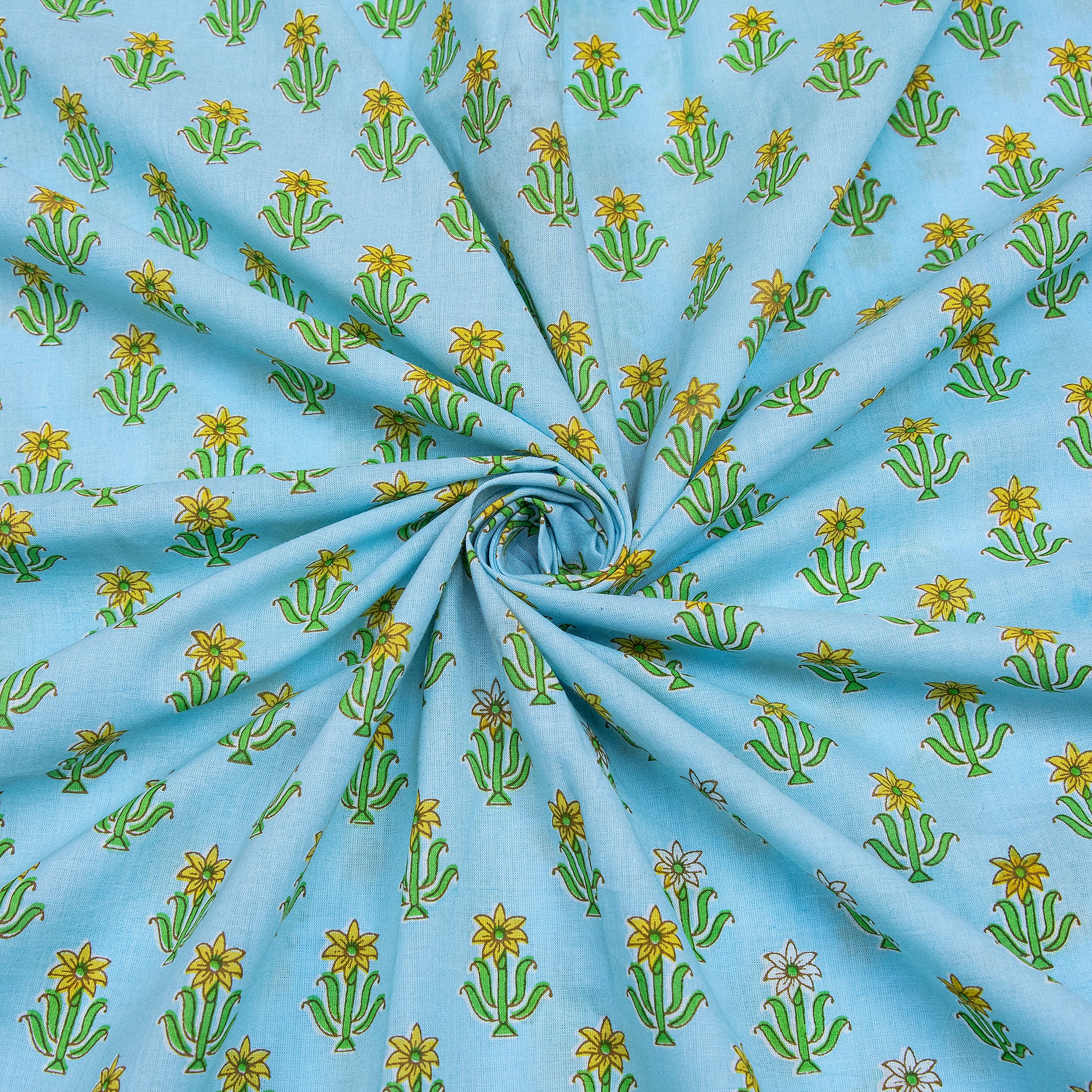 Sky Blue Floral Handmade Block Print Fabric Online