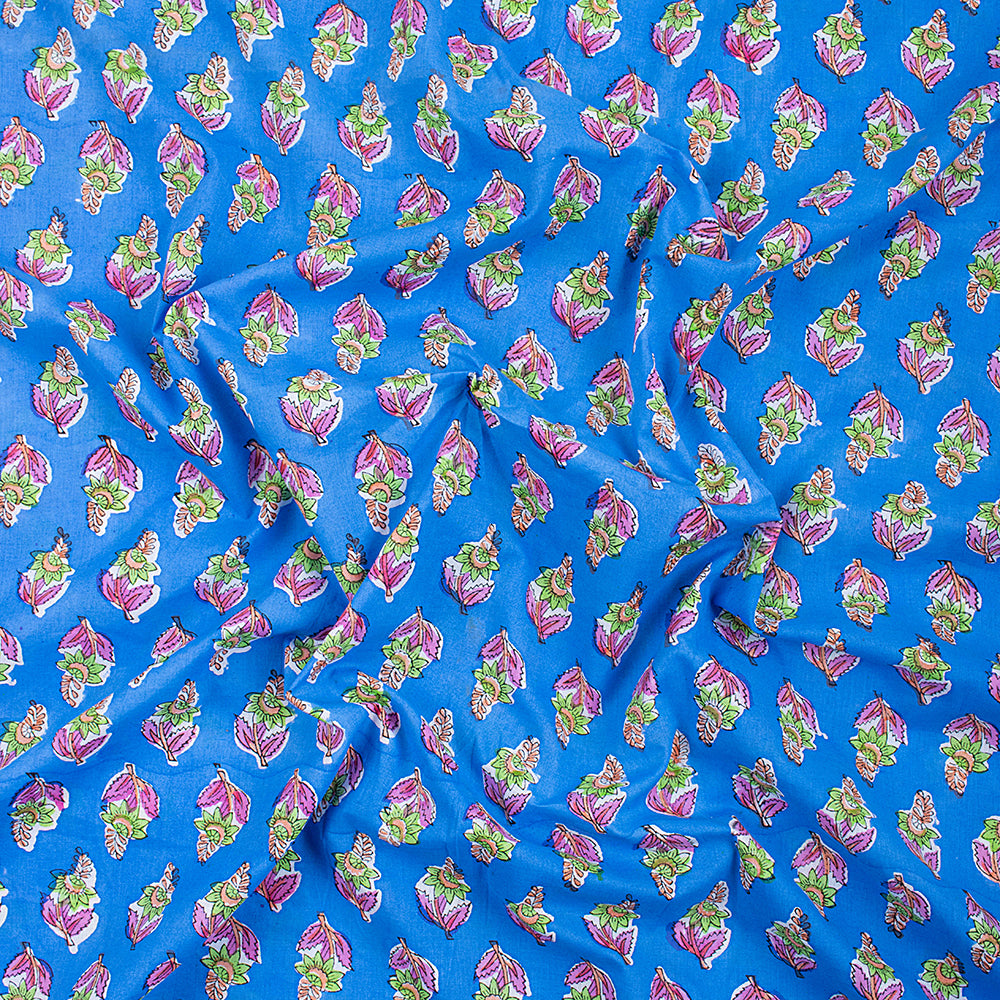 Hand Blue Floral Block Print Cloth (Fabric) Online