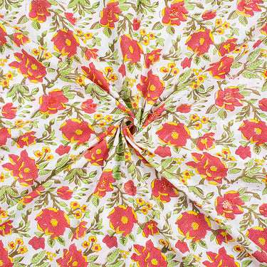 Hand Block Red Floral Premium Cotton Fabric For Dress Material