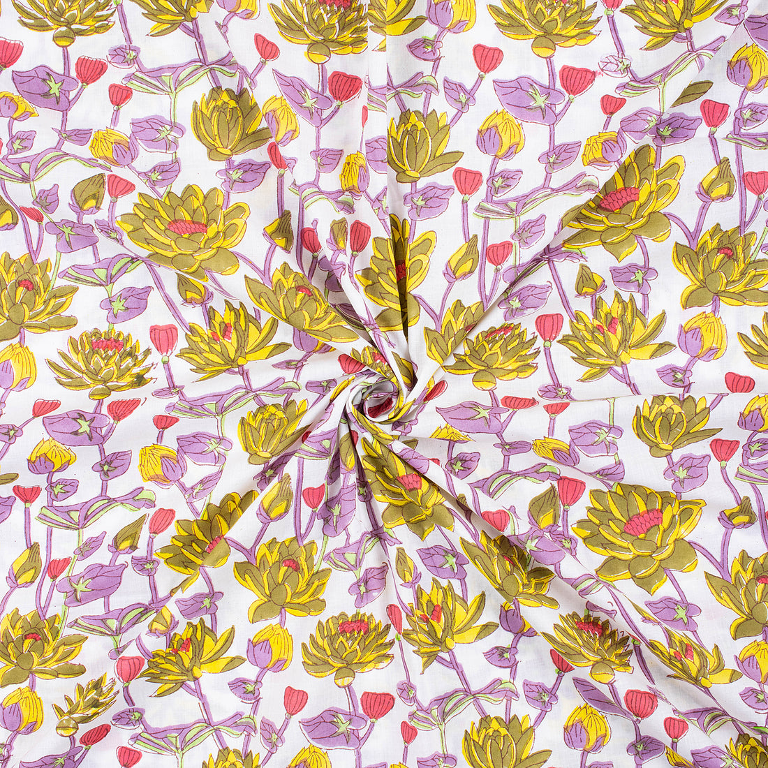 Hand Block Floral Print Voile Cotton Fabric