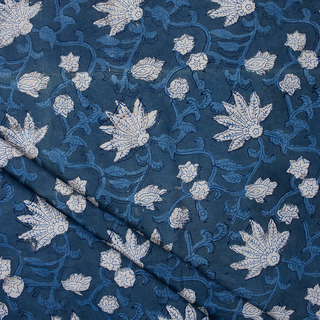 Hand Block Leaf Printed Indigo Fabric Online