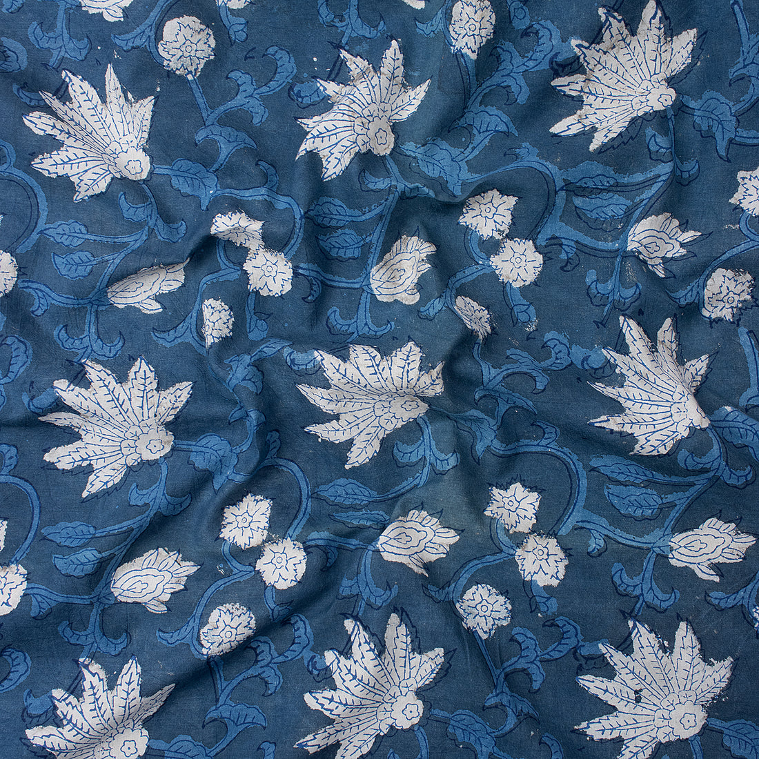 Hand Block Leaf Printed Indigo Fabric Online