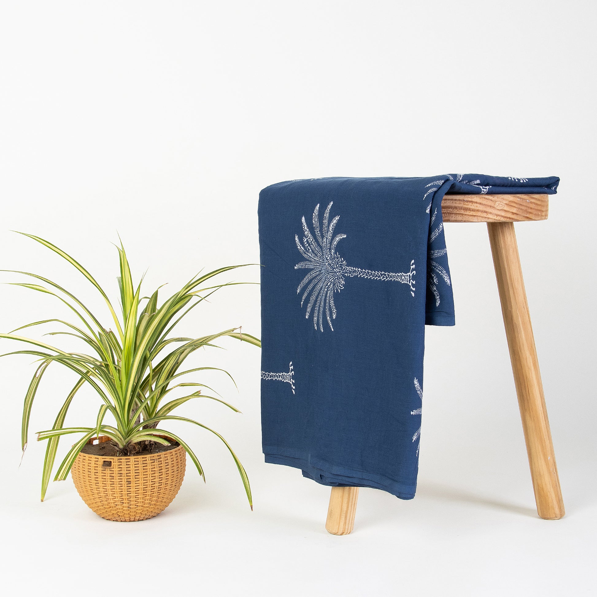 Blue Indigo Print Palm Tree Pure Cotton Fabric For Dress Online