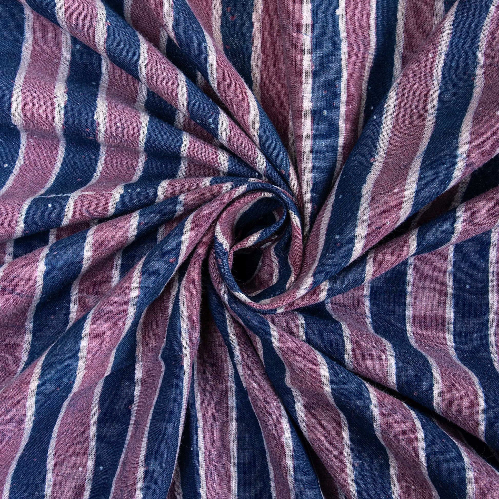 Pink Stripes Cotton Indigo Block Print Fabric For Dress Online